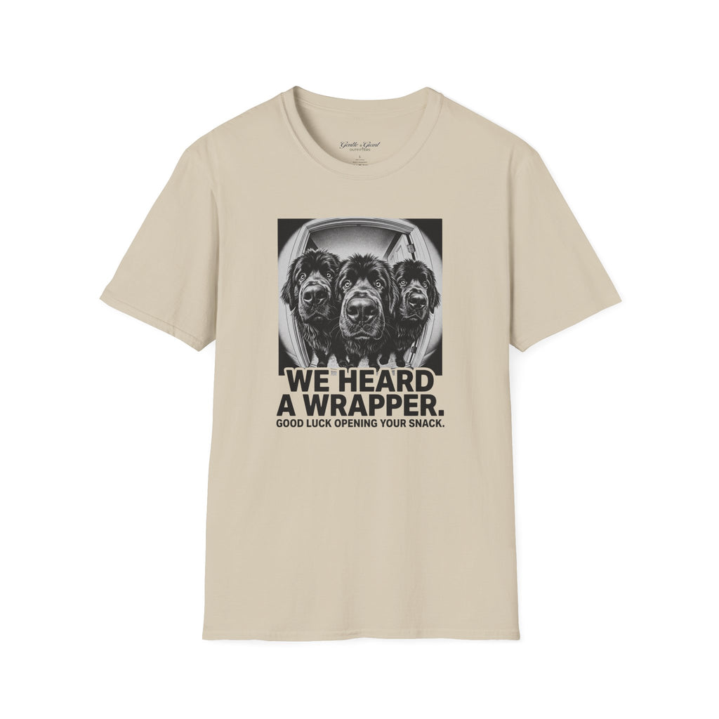 'We Heard a Wrapper' Funny Dog Portrait Graphic Tee