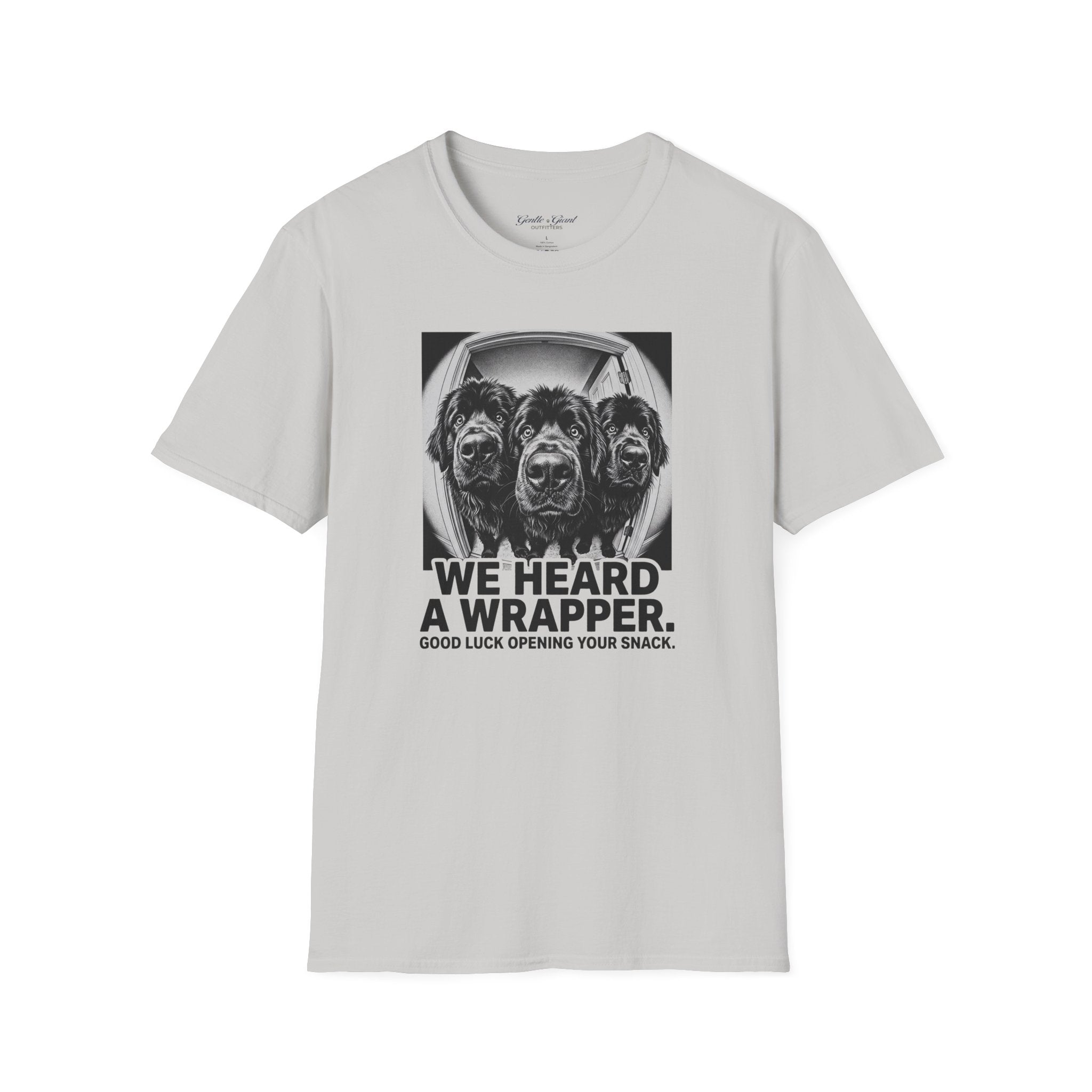 'We Heard a Wrapper' Funny Dog Portrait Graphic Tee