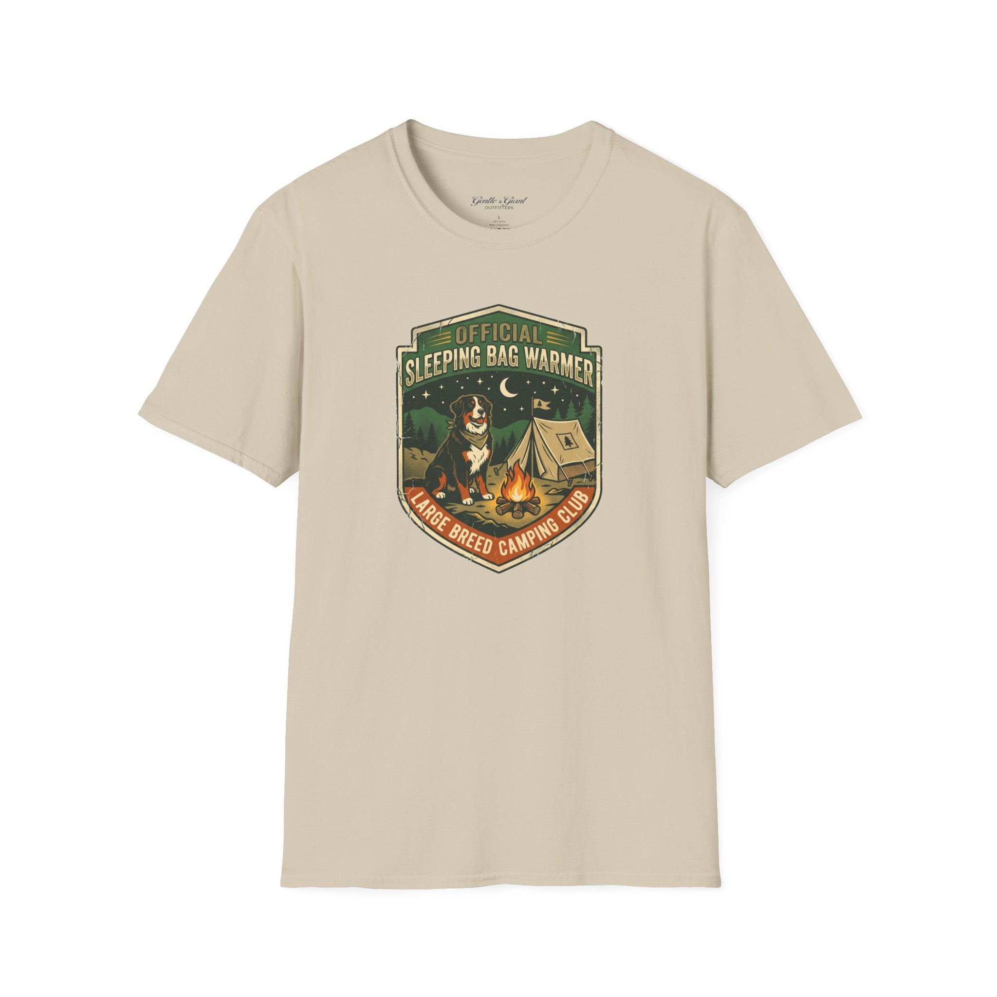 "Official Sleeping Bag Warmer" Dog Campfire Graphic Tee