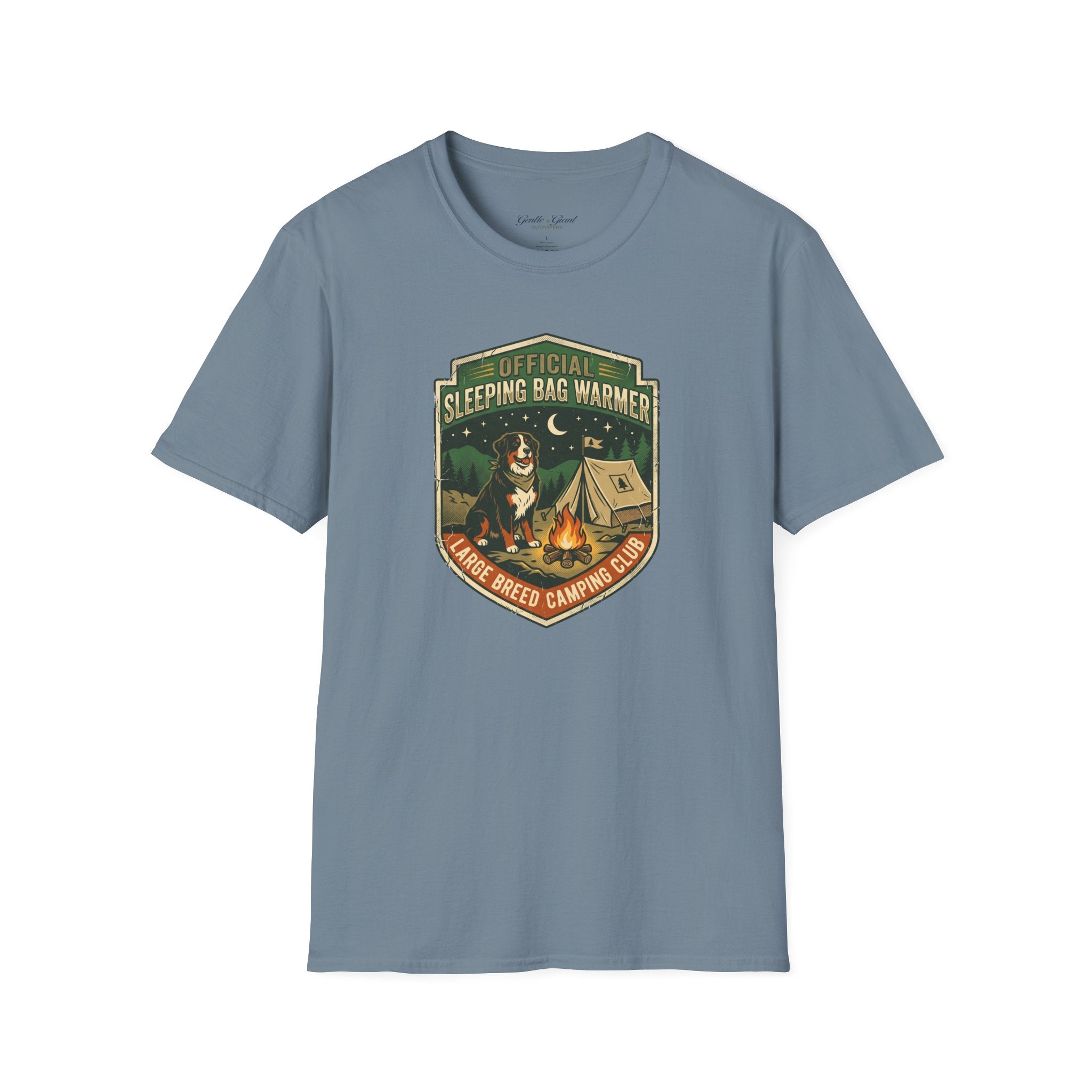 "Official Sleeping Bag Warmer" Dog Campfire Graphic Tee