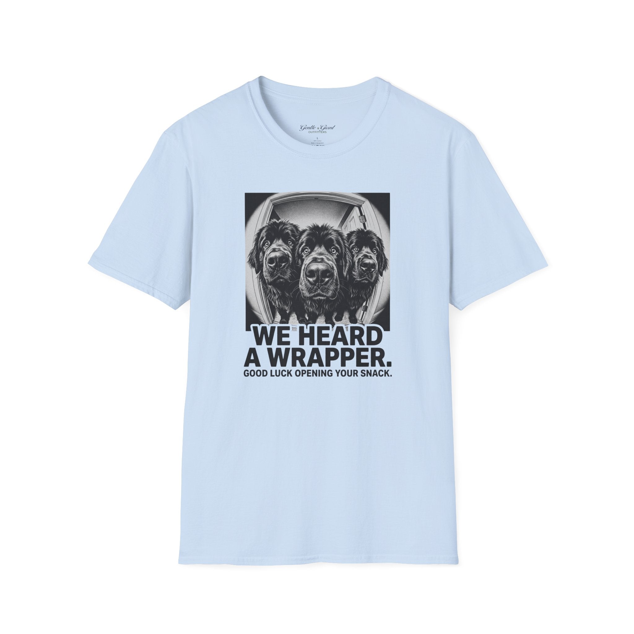 'We Heard a Wrapper' Funny Dog Portrait Graphic Tee