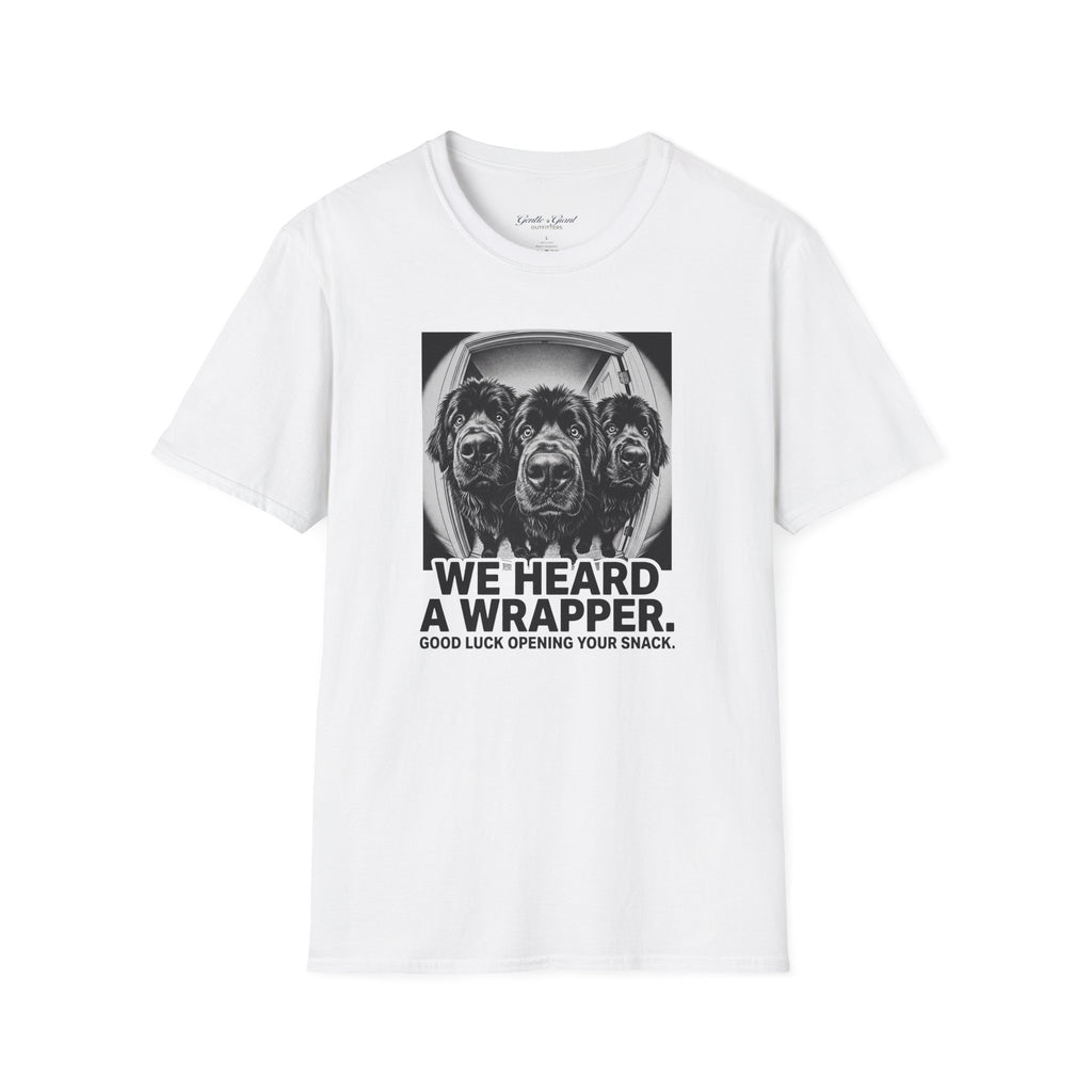 'We Heard a Wrapper' Funny Dog Portrait Graphic Tee