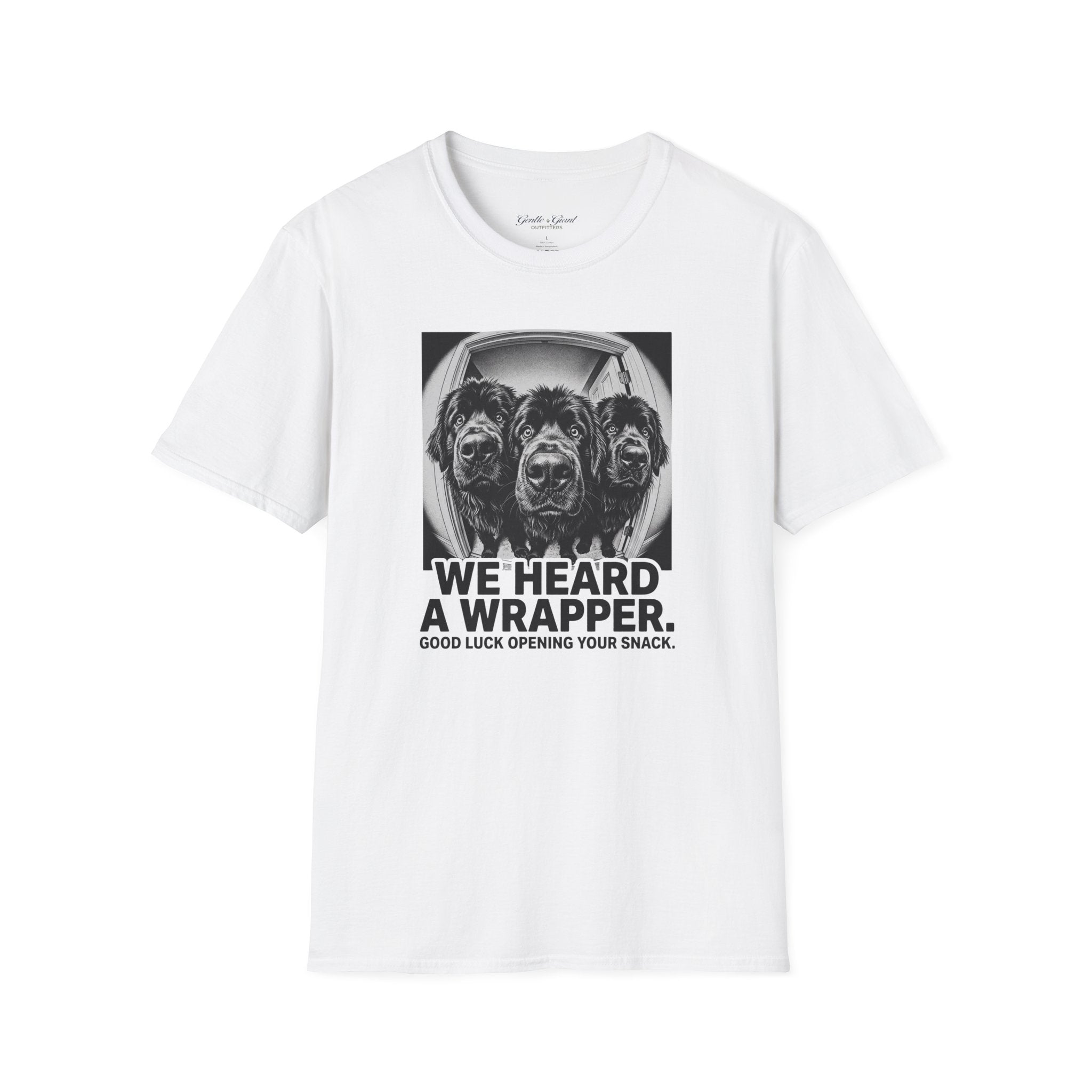 'We Heard a Wrapper' Funny Dog Portrait Graphic Tee