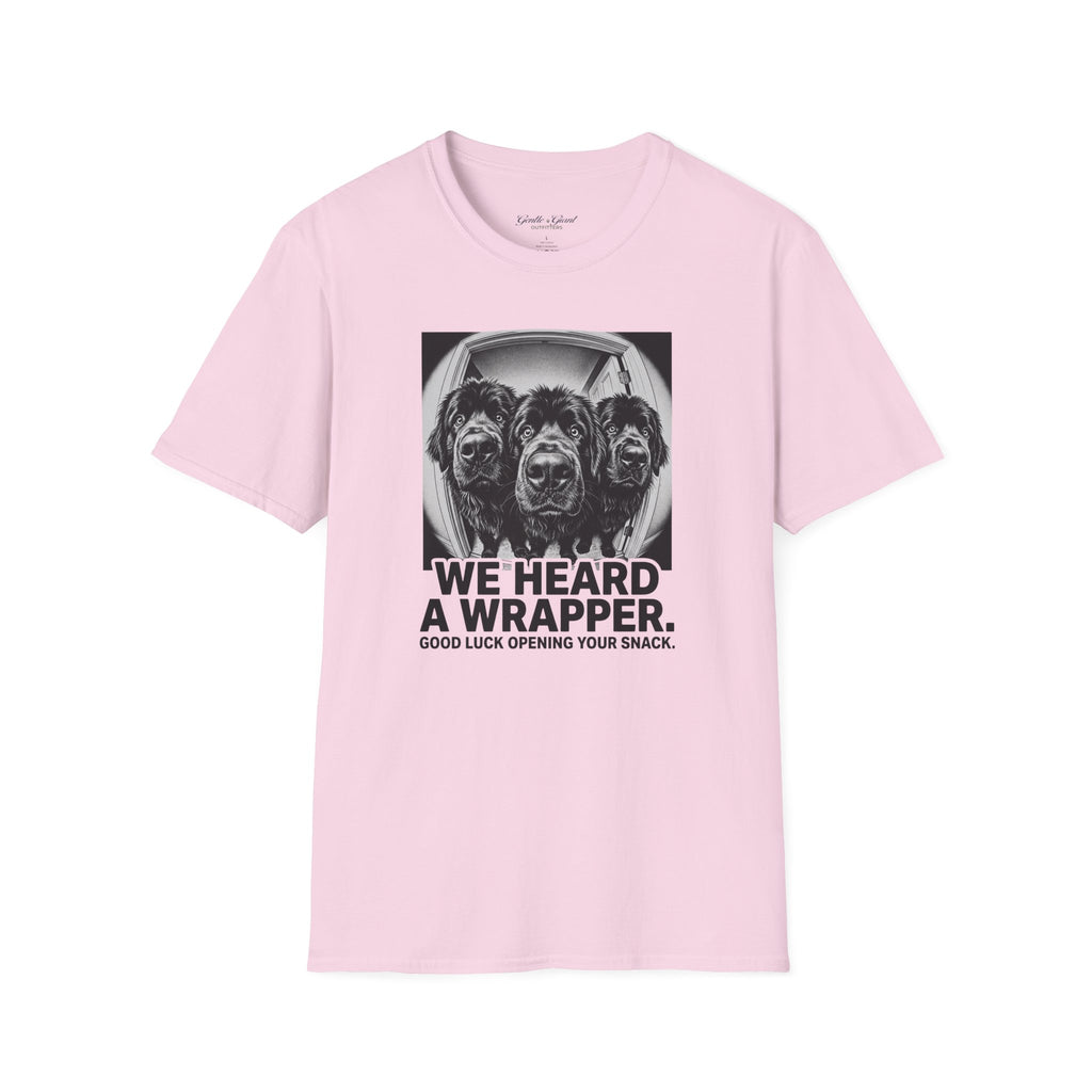 'We Heard a Wrapper' Funny Dog Portrait Graphic Tee