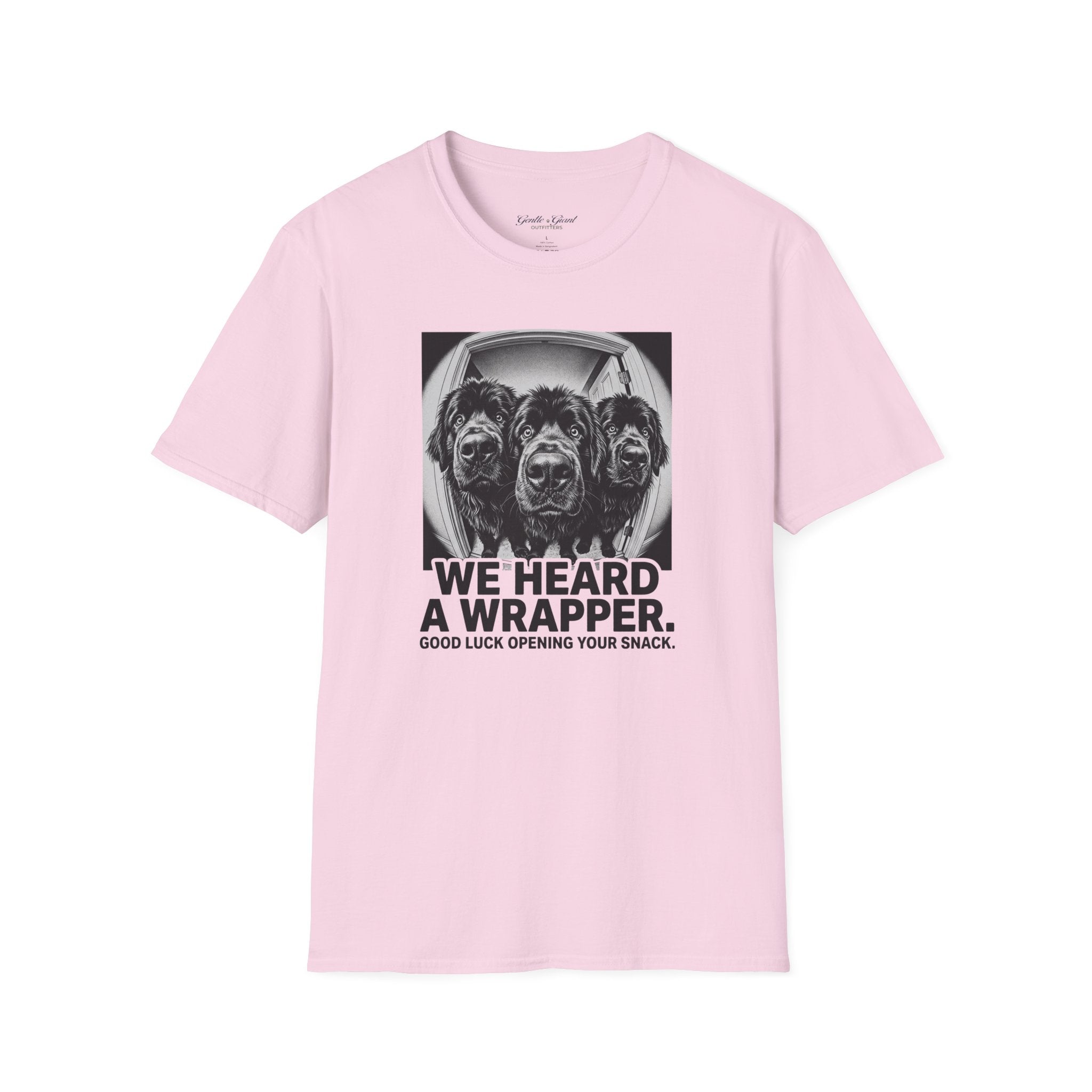 'We Heard a Wrapper' Funny Dog Portrait Graphic Tee