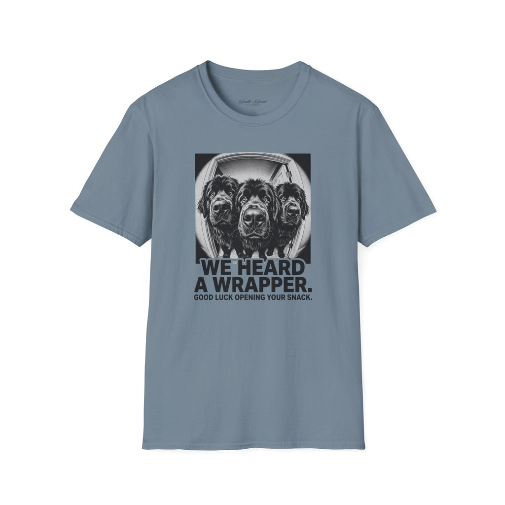 'We Heard a Wrapper' Funny Dog Portrait Graphic Tee